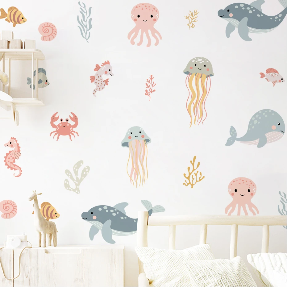 Watercolor Cartoon Ocean Fish Animal Wall Sticker Living Room Bedroom Sea Life Beach Landscape Wall Decal Home Decor