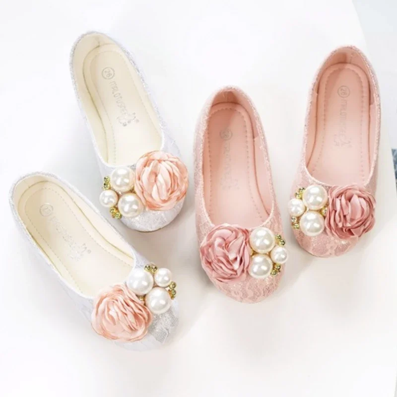 

New Fashion Pearl Flower Girl Princess Shoes Soft Soled Non Slip Children's Leather Shoes Baby Kid's Casual Flat Shoes 3-10T