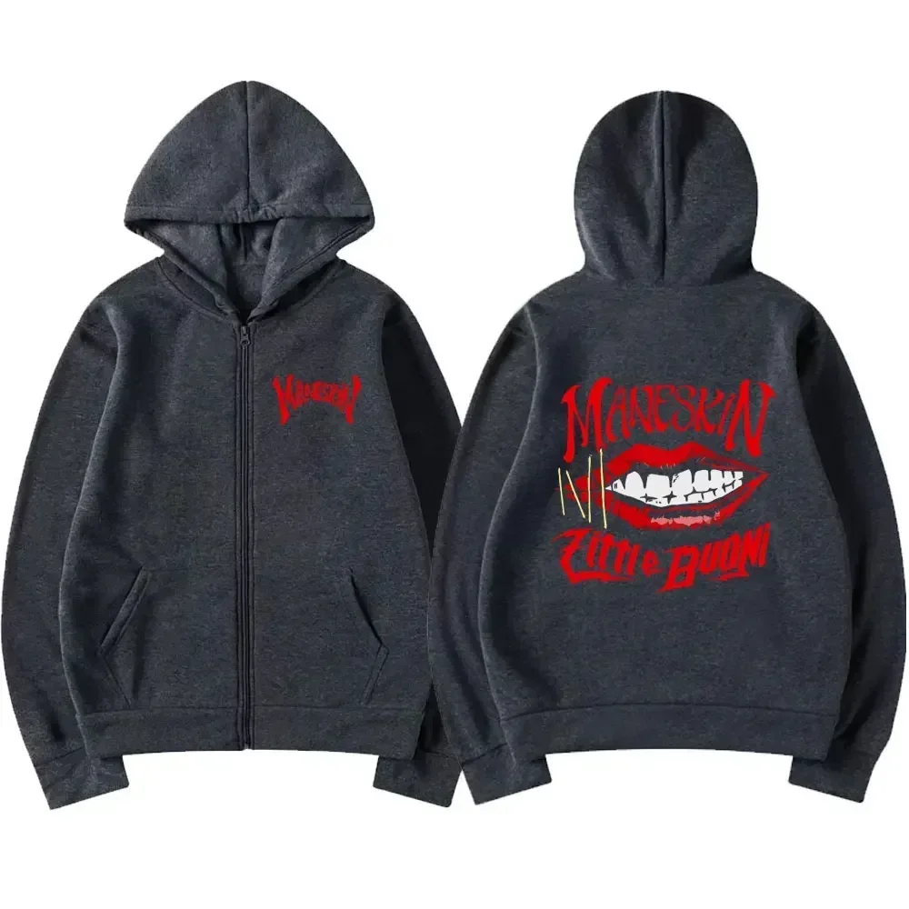 Men and Women\'s Maneskin Mouth Zipper Hoodies, Oversized Casual Cardigan, Zip Up Hoodie, Retro Streetwear Coats, Rock Band