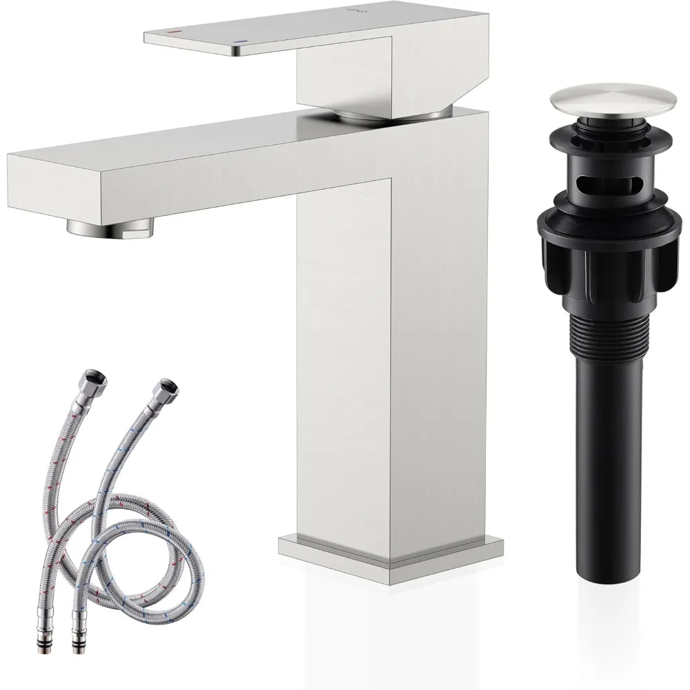 

Single Handle Bathroom Sink Faucet, Brushed Nickel Vanity Faucet for Bathroom Sink, with Pop Up Drain Stopper