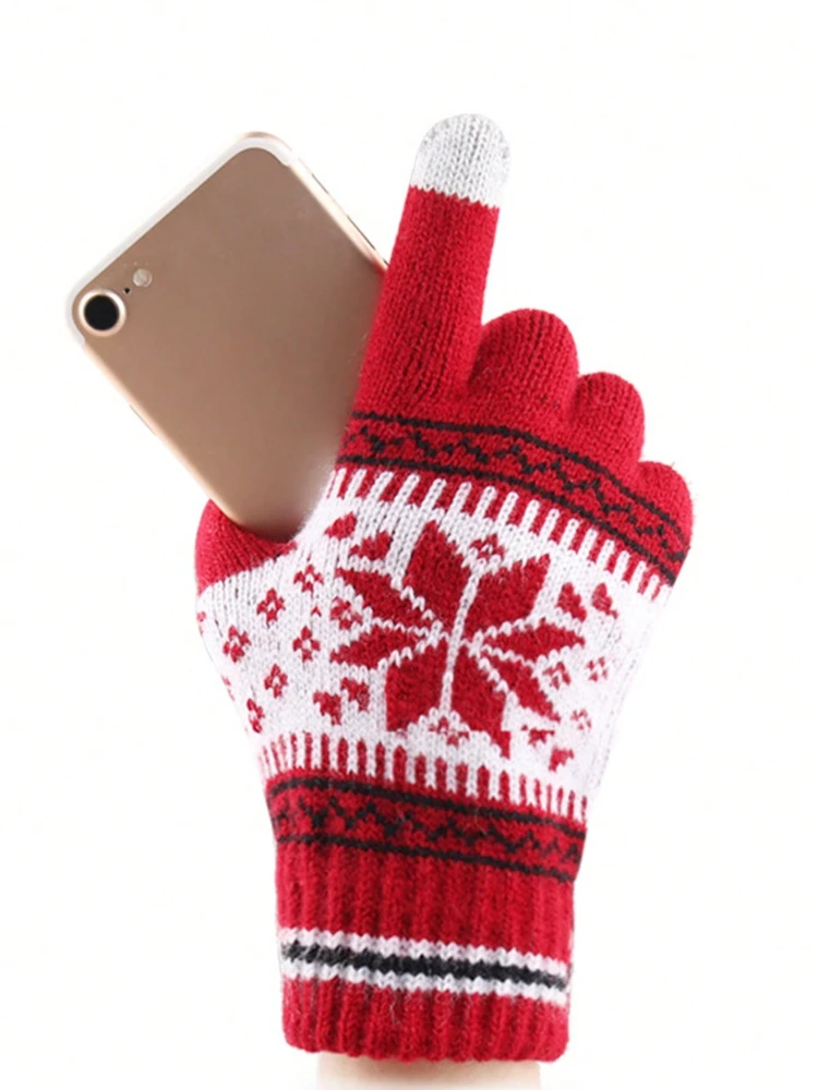 Вязаные перчатки с сенсорным экраном, узор снежинки, толстые теплые вязаные зимние перчатки с полным пальцем для мужчин и женщин, перчатки для пар