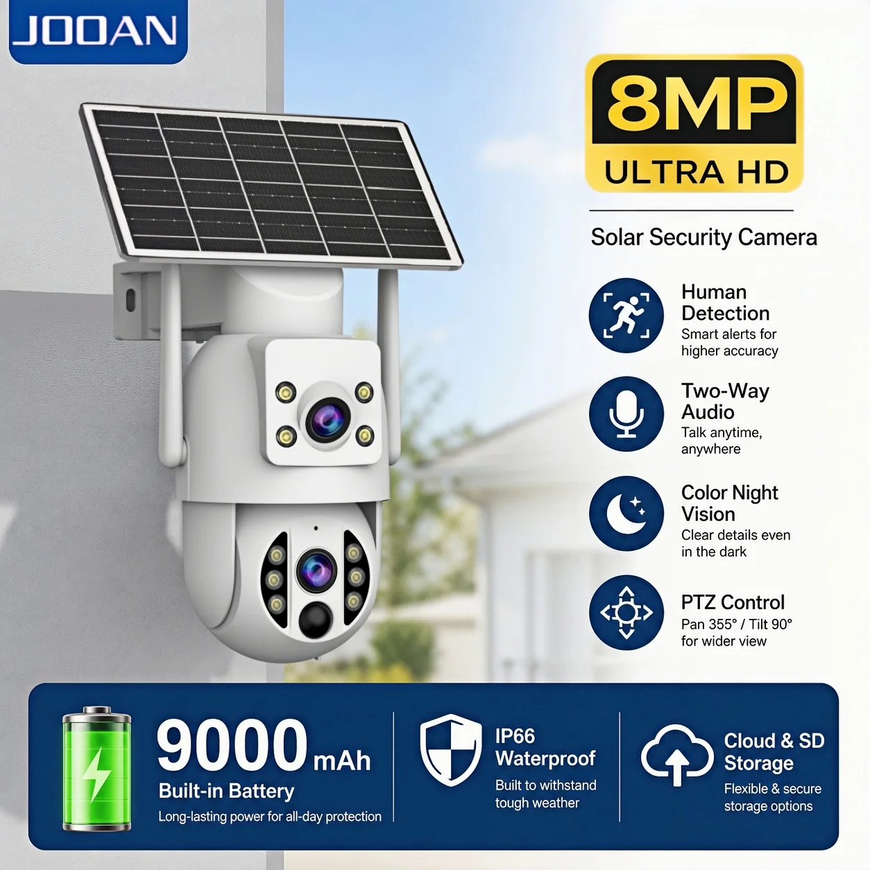 JOOAN 8MP WiFi Solar Camera Outdoor Wireless Human Detection Night Vision Low Power Battery Camera Security Video Surveillance