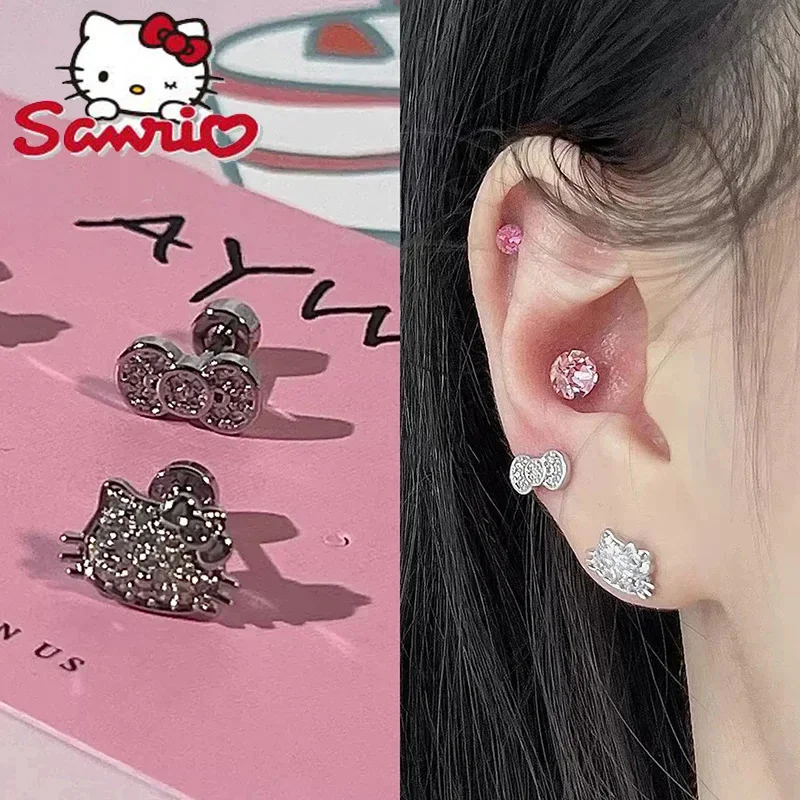 Kawaii Sanrio Hello Kitty Exquisite Shining Diamond Setting Earstuds Girl Cartoon Bow Ears Fashion Decoration Accessories Gifts