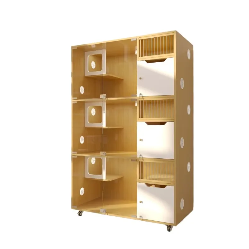

Modern Multi-Tier Wooden Cat Kennel Hotel Cage with Clear Panels for Pet Boarding and Display