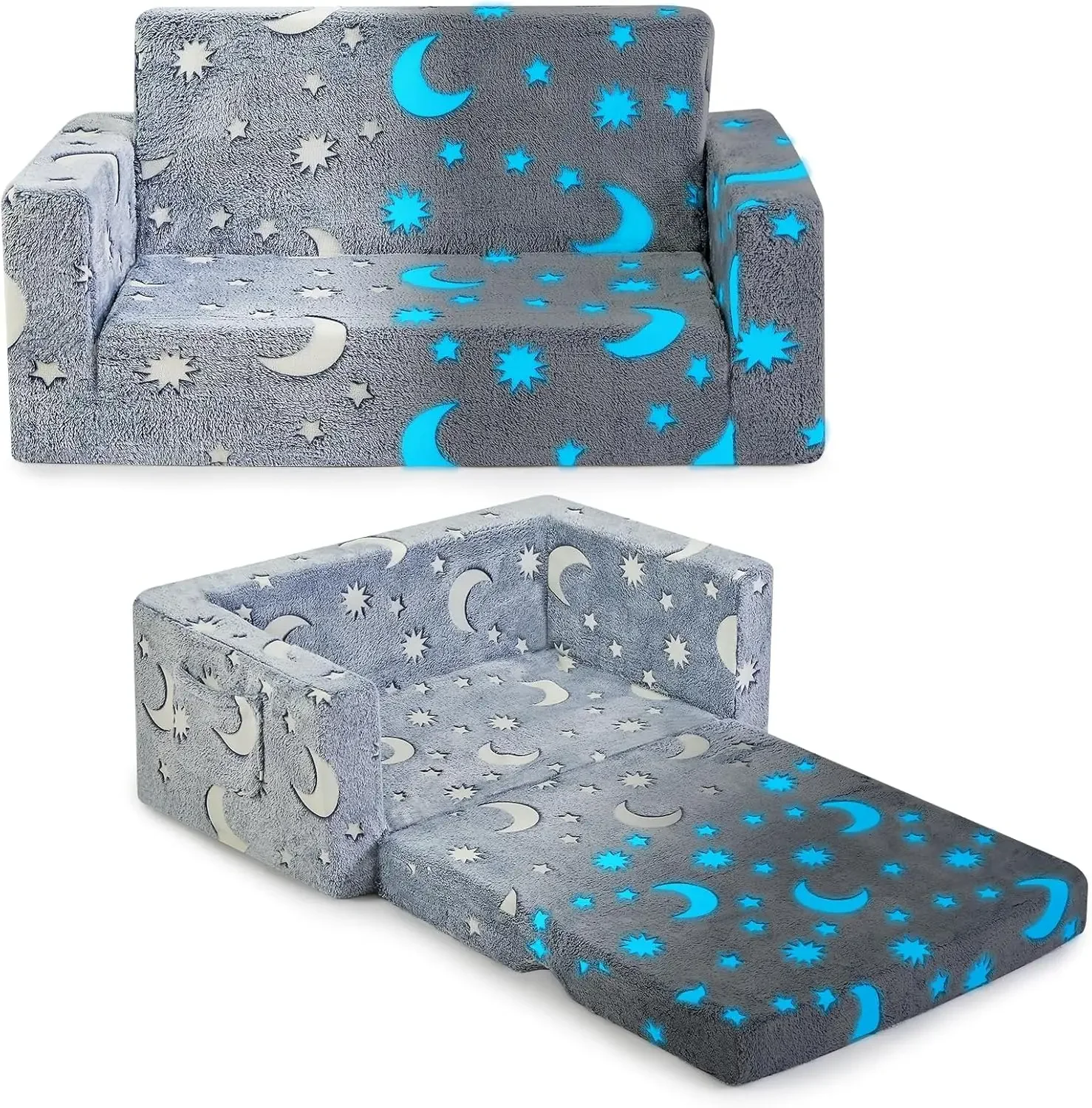 Couch, Toddler Chair Folding, Kids Couch 2 in 1, Kids Sofa for Playroom-Extra Soft 2 Seats, Glow in The Dark Open Couch,