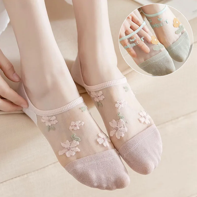 6Pairs Cute Small Flower Sheer Women's Socks Soft & Lightweight Breathable Comfortable Sock High Quality Ultra-thin Sox Female