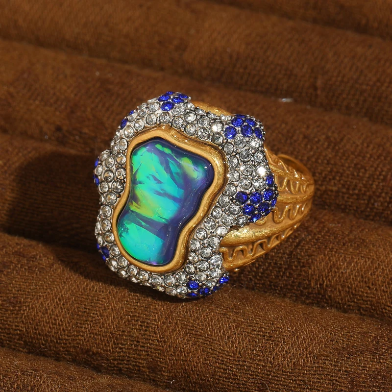 

Vintage Opal Ring Real Colorful Blue Foot Ab Rhinestone Surrounding Antique Gold Color Luxury Dubai Jewelry Designers 2025