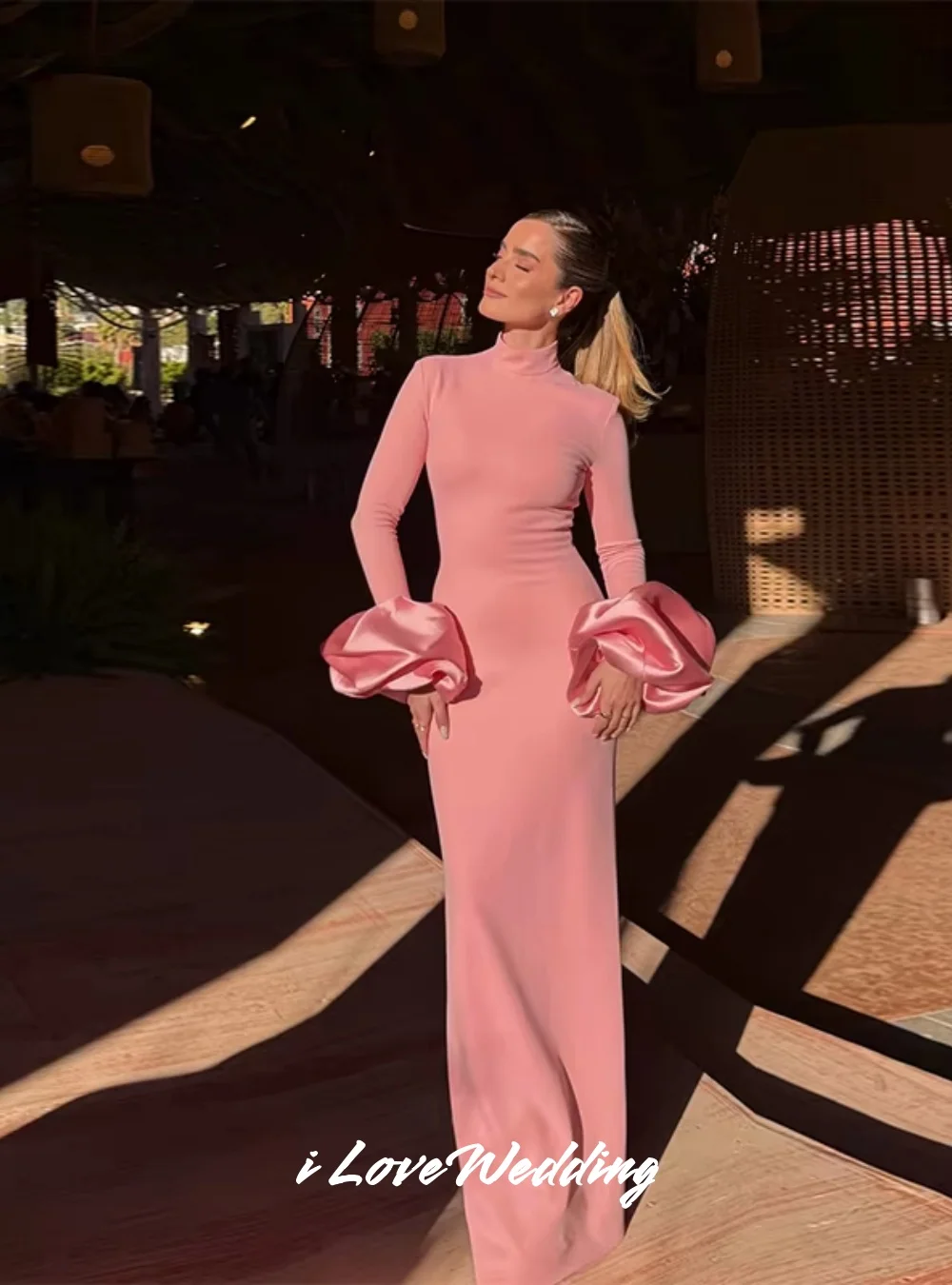 

Sweet Pink Evening Dresses 2025 High Collar Long Sleeve 3D Flowers Mermaid Floor-Length Wedding Guest Dresses Customized
