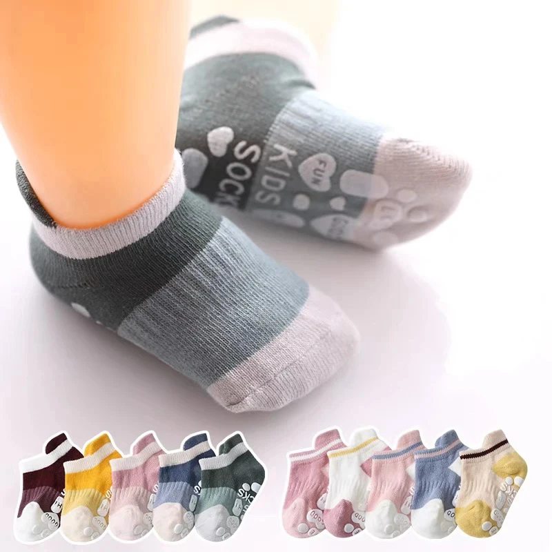 5Pairs/Lot Baby Girls Anti Slip Socks Striped Toddler Infant Boys Rubber Floor Socks Newborn Kid Boy Cotton Mesh Boat Socks Pack