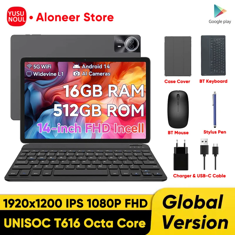 

Google Version Globally 14 Inch Android 14 Tablet 5G WiFi FHD Screen 16GB+512GB Планшет GPS Pads Laptop Tablette+Keyboard