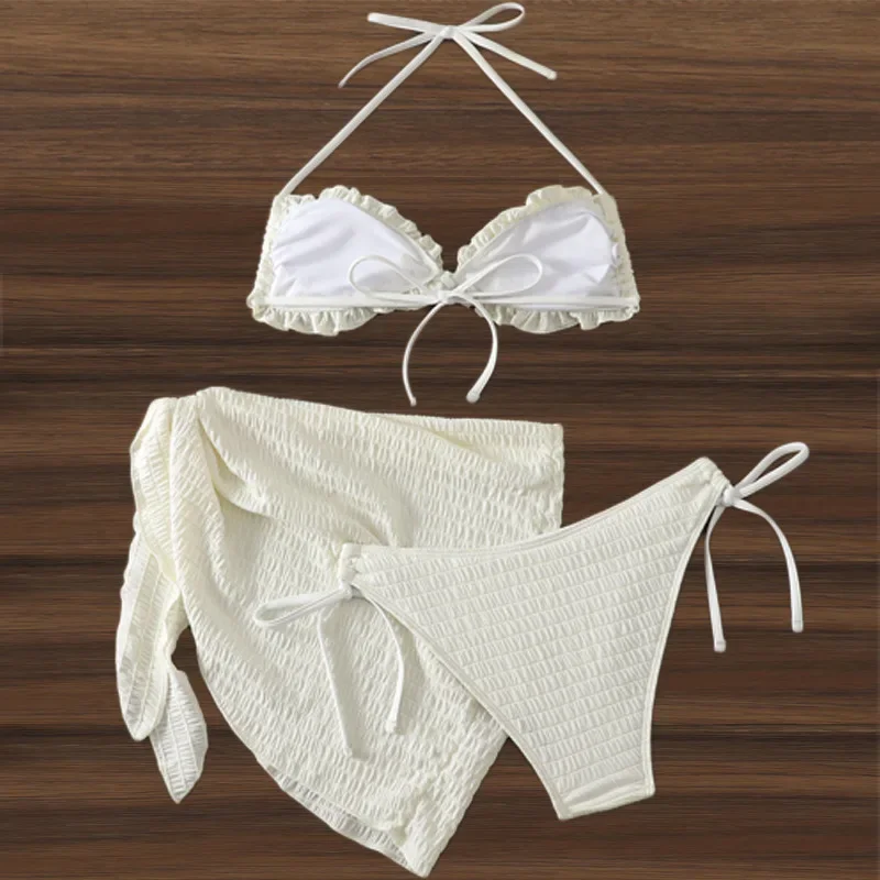 2025 New 3 Pieces Set Swimsuit Women Thong Swimwear Sexy Ruffle Bikini Set With Sarong Mesh Skirt Beachwear Bathing Suit White