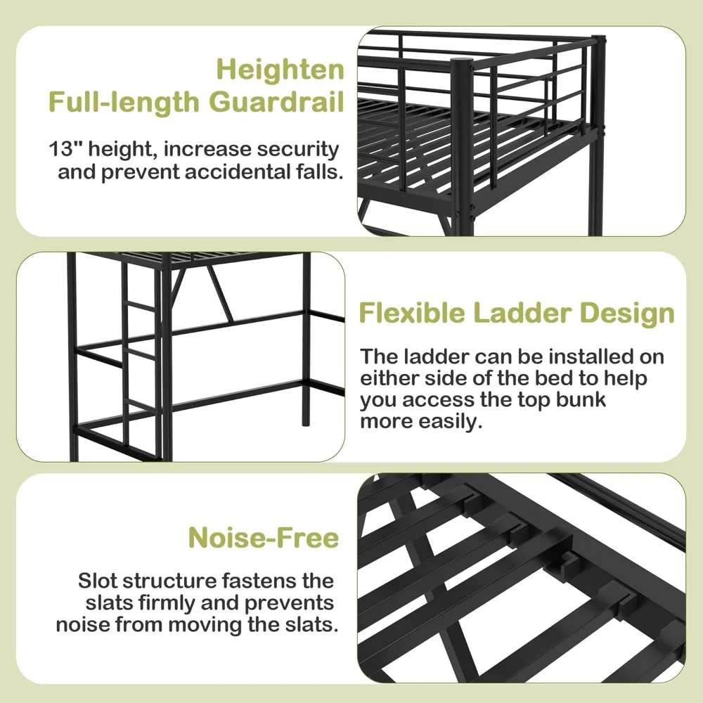 Metal Loft Bed Twin Size, Heavy Duty Bedframe with Removable Ladder and Safety Guardrail, Space-Saving, Noise Free