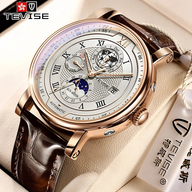 

LIGE TEVISE Top Brand Luxury Mechanical Men's Watches Business Waterproof Leather Moon Phase Month Date Week Automatic Man watch