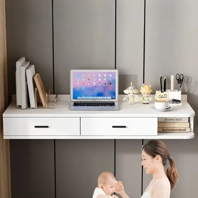 

Pure Solid Wood Floating Wall Mounted Computer Desk for Home Office - Modern Minimalist Bedroom Makeup Vanity with Storage