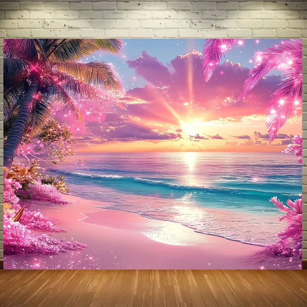 Pink Tropical Beach Sunset Palm Trees Ocean Waves 2D Flat Tapestry Backdrop For Summer Party Decor Dreamy Wall Hanging Art Print