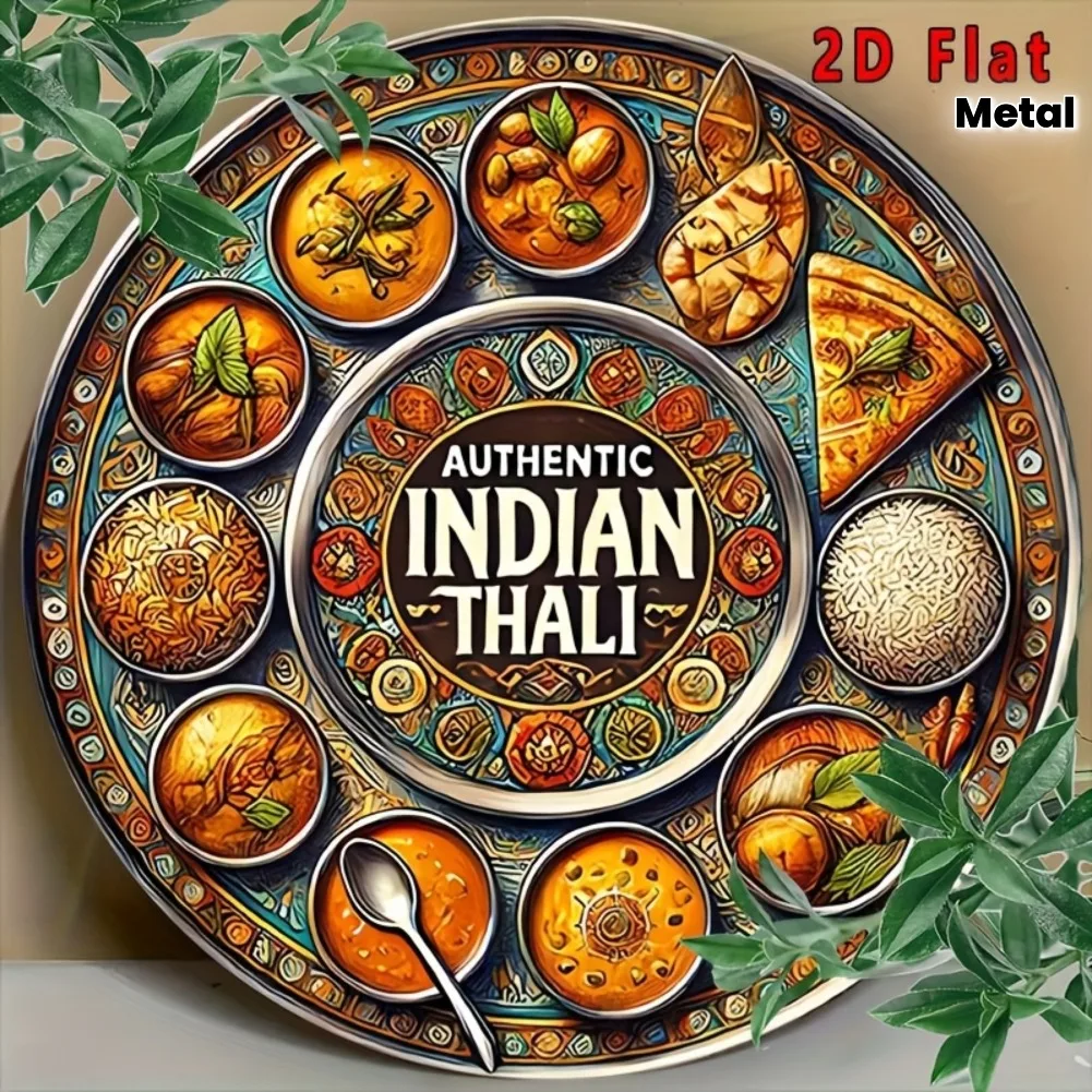 2D Flat, 1 Stück Vintage Indian Thali Aluminium Wandkunstschild – Rustikales kreisförmiges Metallschild mit lebendigem traditionellem Essen