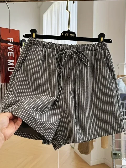 Zomer Pantalones Cortos De Mujer Casual Gestreepte Rechte Shorts Voor Vrouwen 2025, Nieuwe Bodems Bandage Mode Wijde Pijpen Broek