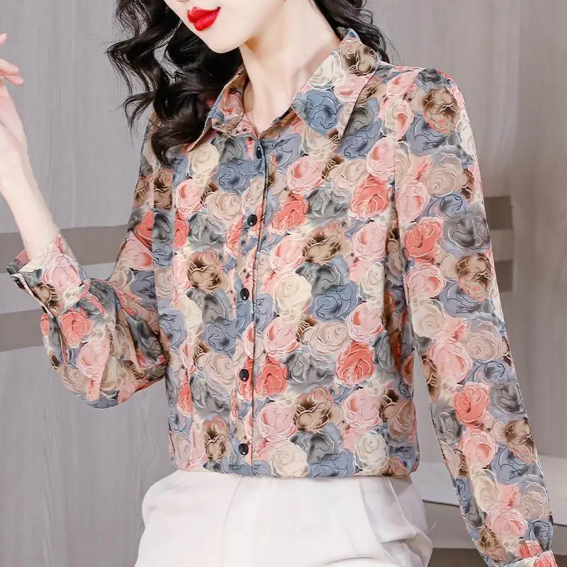 Women Stylish Vintage Floral Print Button Up Shirt Spring Autumn Lapel Temperament Elegant Blouses Casual Long Sleeve Loose Tops