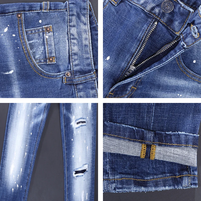 Streetwear Fashion Men Jeans Retro Blue Elastic Stretch Slim Fit Painted Ripped Jeans Men Patched Designer Vintage Denim Pants