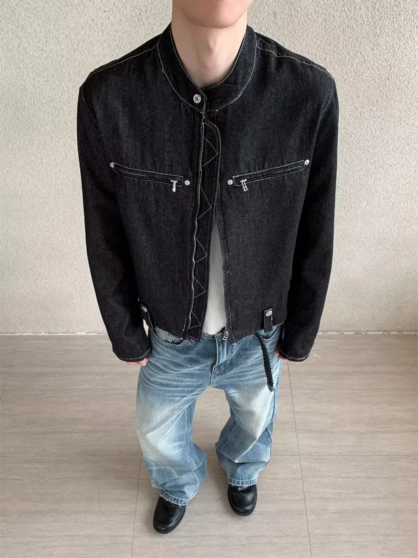 American Style Short Shoulder Denim Jacket for Men Spring Autumn New High Sense Cool Stand Collar Zipper Motorcycle Workwear ...