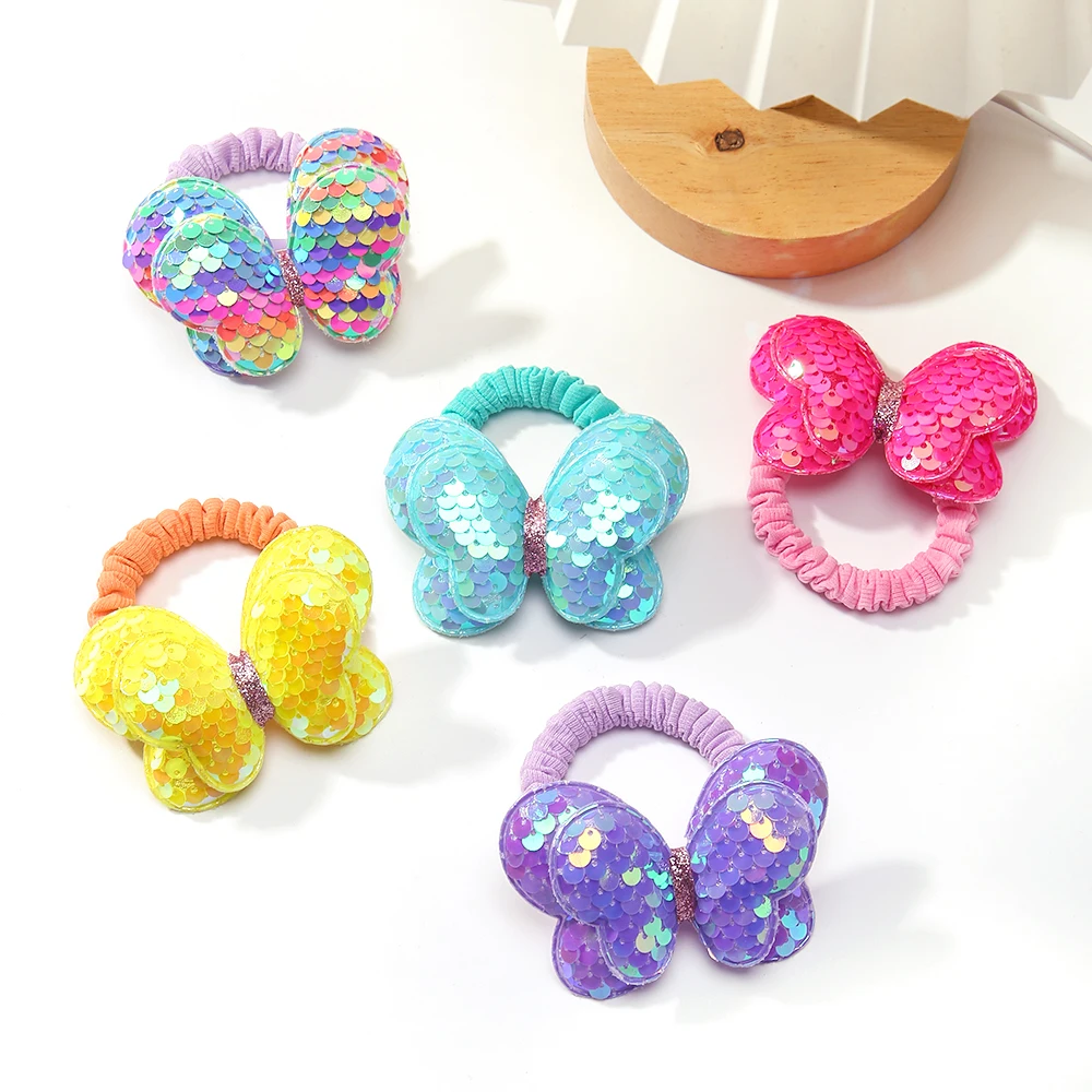 1PC New Cute Sequin Butterfly Girls Kids Ponytail Elastic Hair Bands Children Hair Ties Princess Hair Accessories Baby Headwear