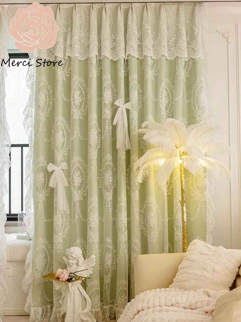 

Double Layer Full Shading Blackout Curtains for Bedroom Living Room Lace Finished Cloth Yarn Integrated Thickened Premium Drapes