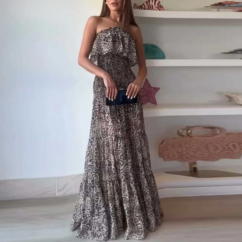 

Новое тонкое плиссированное платье макси с леопардовым принтом, женское весеннее вечернее платье с лямкой на шее и рюшами, летнее праздничное длинное платье с открытой спиной