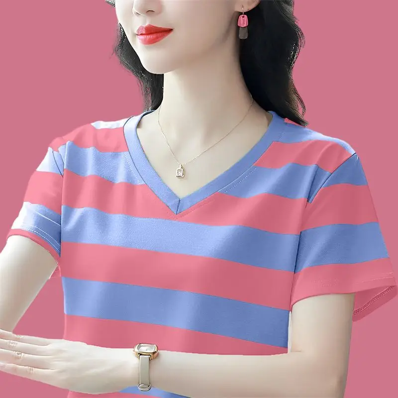 

Fashion V-Neck Spliced Casual Striped Blouses Women Clothing 2025 Summer New Loose Short Sleeve All-match Tops Commuter Shirts