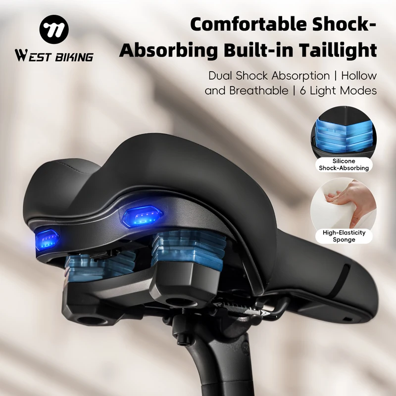 WEST BIKING Bicycle Saddle With Warning Taillight Bike Shock Absorption Soft Seat Widen Thicken Cushion MTB Touring Bike Saddle
