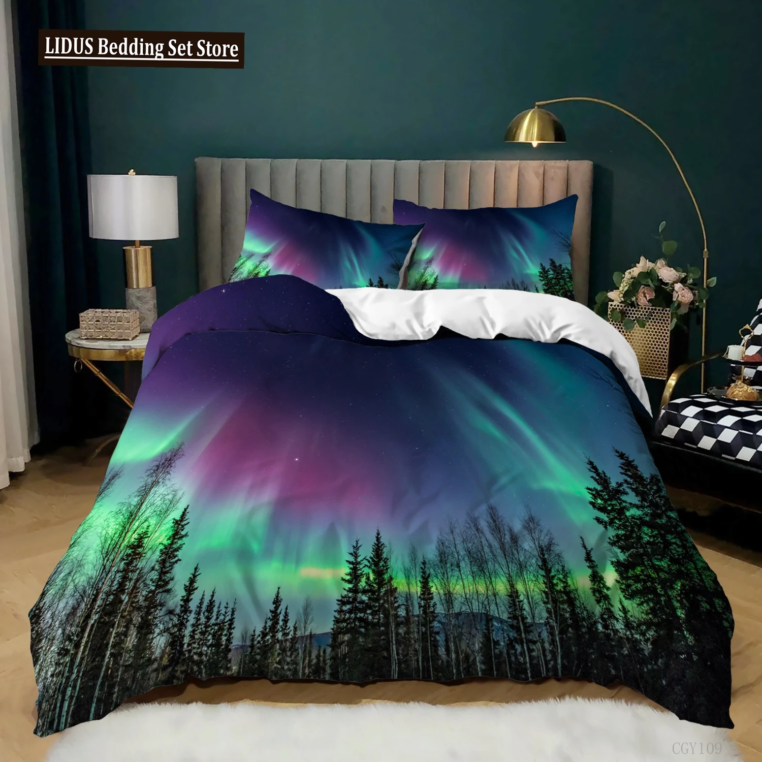 

Aurora Borealis Polyester Duvet Cover Set Tree Under Magnetic Field Of Nature With Northern Lights Landscape Picture King Size