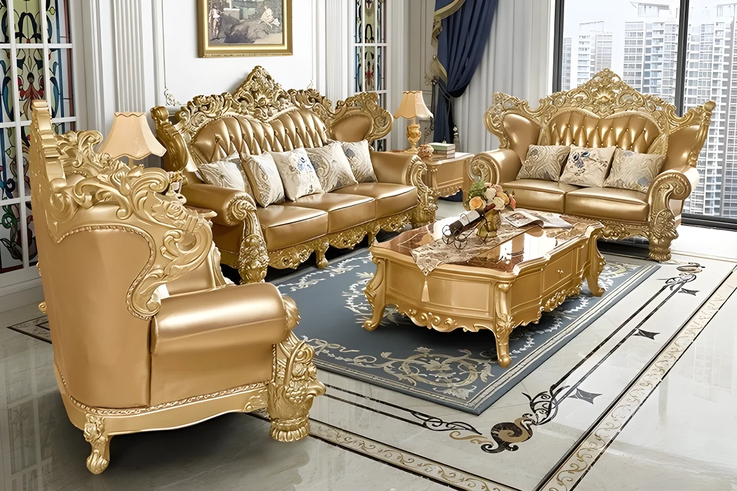 Luxury Hand Carved Extendable Mahogany Wood Sofa Set in Golden Finish Minimalist Villa Living Room Furniture with Tables