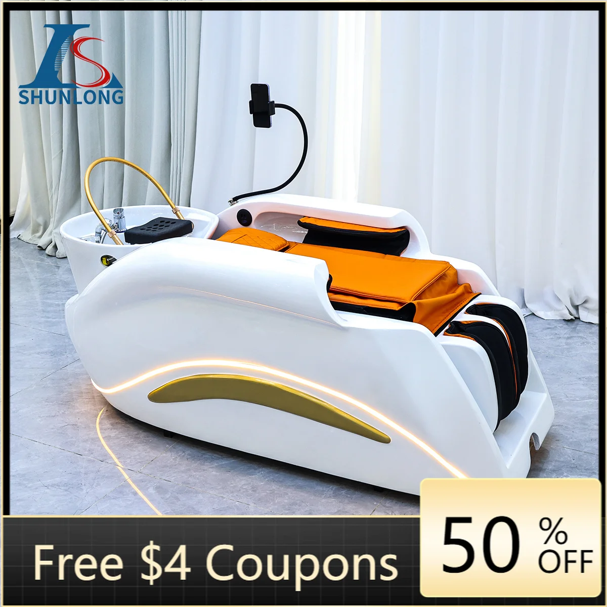 Multi-functional Electric Shampoo Massage Bed, Reclining Hair Washing Table with LED Light and Tablet Stand for Beauty Salon Sca