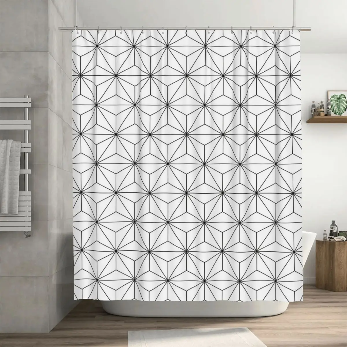 Geodesic Sphere, White Shower Curtain Bathroom Polyester Waterproof Bath Curtains with Hooks