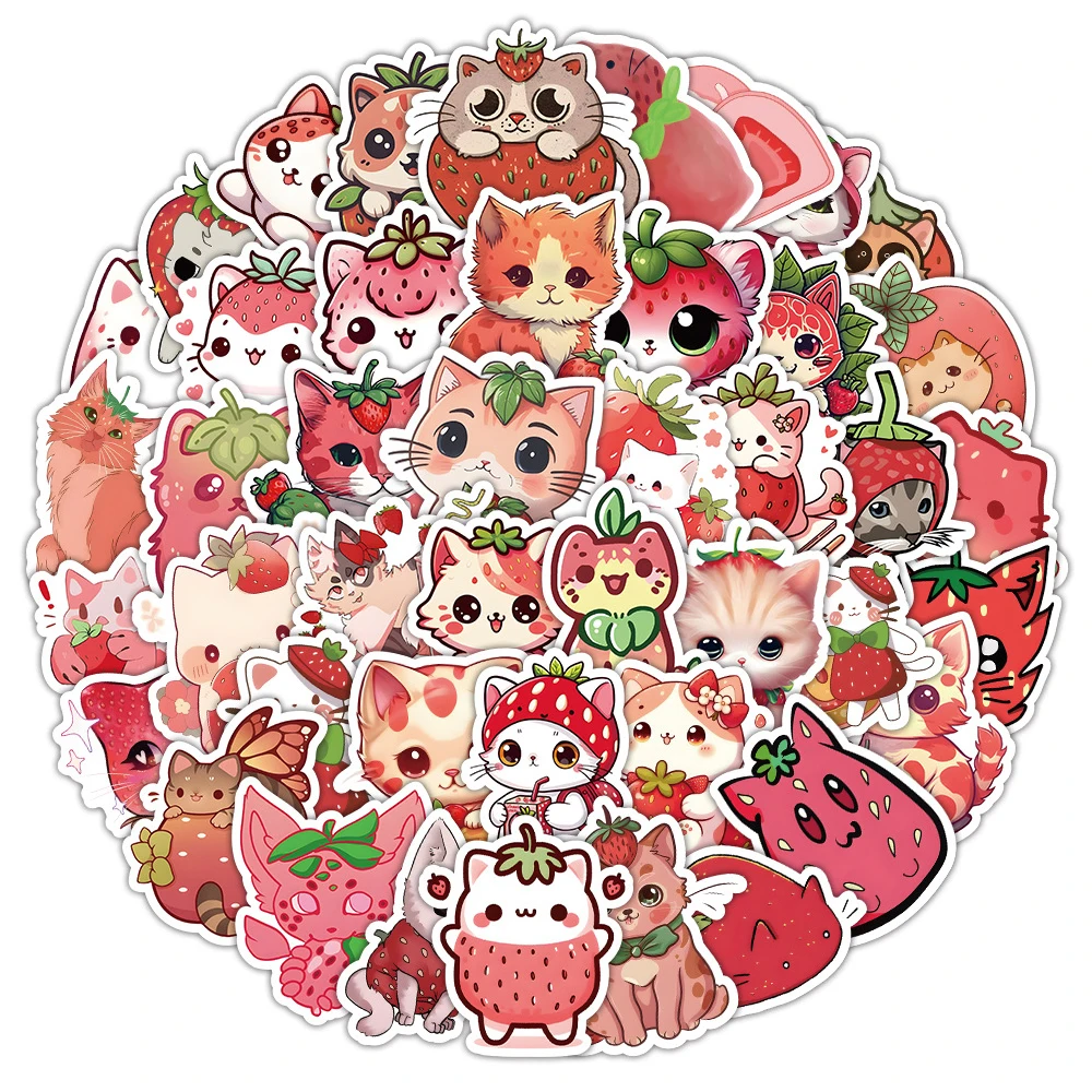 10/30/53pcs Cute Strawberry Cat Stickers Kawaii Cartoon Sticker Phone Case Notebook Water Bottle Funny Animal Decal for Kids Toy