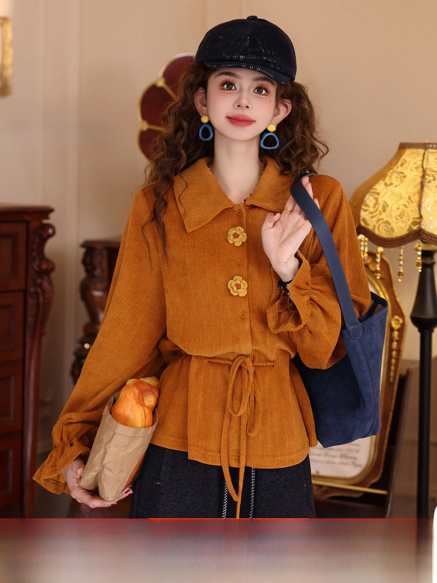 

Женская свободная рубашка с длинным рукавом и декоративной завязкой, в стиле ретро, универсальная, в гонконгском стиле, повседневная, Chenajie Fenghuo Yanxia