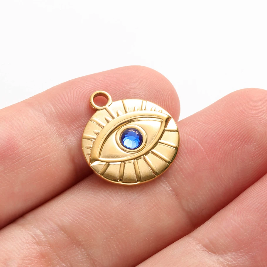 5 Stück Vintage handgefertigte blaue Öltropfen-Strass-Böser-Blick-Anhänger aus Hasama-Edelstahl mit Herz-Auge-Motiv für die Schmuckherstellung – Detail 19