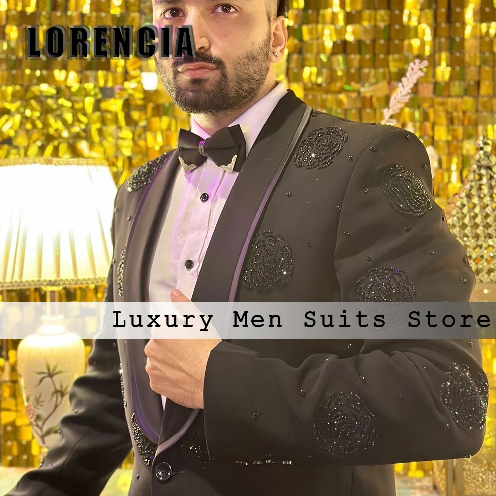 Elegant Crystal Men Suits 2 Pieces Single Breasted Wedding Groom Tuxedos Customized Blazer Pants ternos masculino completo