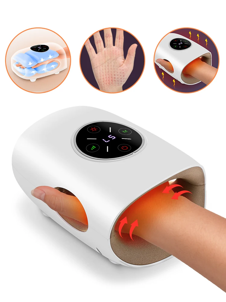 Handmassagegerät mit Wärme und Luftkompression, 4 Luftkissen, 3 Massagemodi, 5 Druckstufen, wiederaufladbares LCD-Display, Handentspannungsgerät