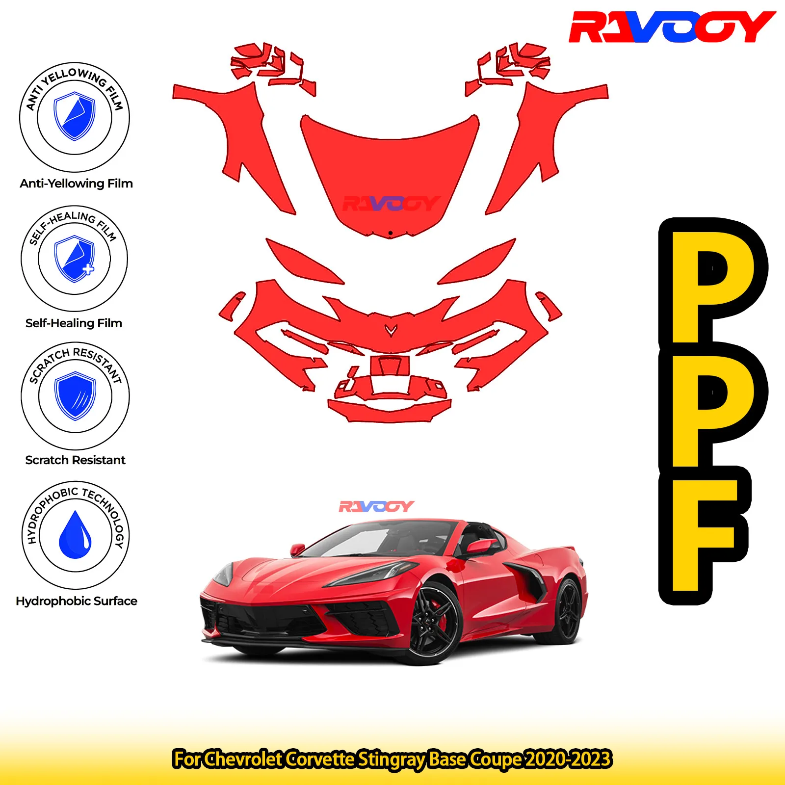 

Для Chevrolet Corvette Stingray Base Coupe 2020-2023, глянцевая матовая черная предварительно вырезанная передняя пленка PPF, комплект защиты краски