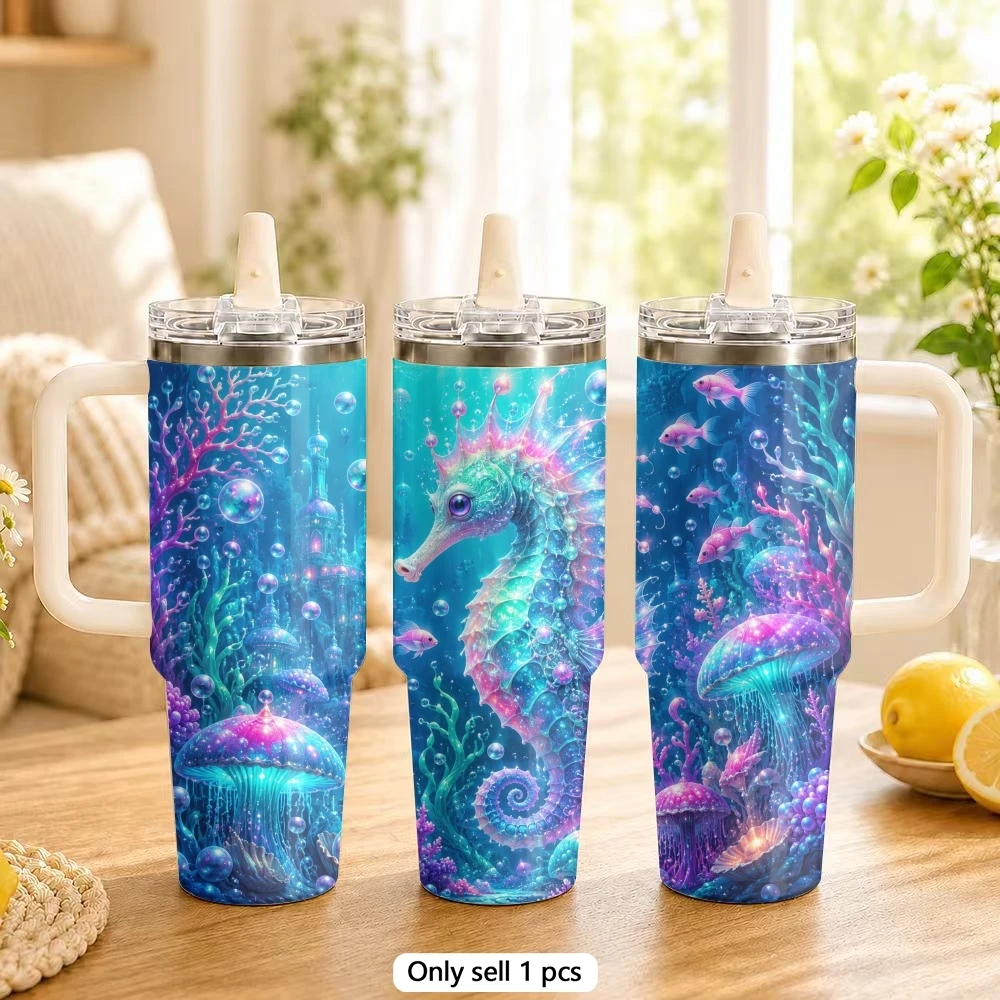 Blue marine organisms Vacuum Flasks 40oz Vacuum Insulated Travel Mug with Straw & Handle | Stainless Steel Leakproof Tumbler