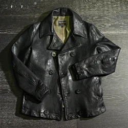 100% Genuine Leather Jacket Men Vintage Cowhide Water-dyed Sheepskin Leather Coat Male Lapel Slim Double-breasted Top Large Size