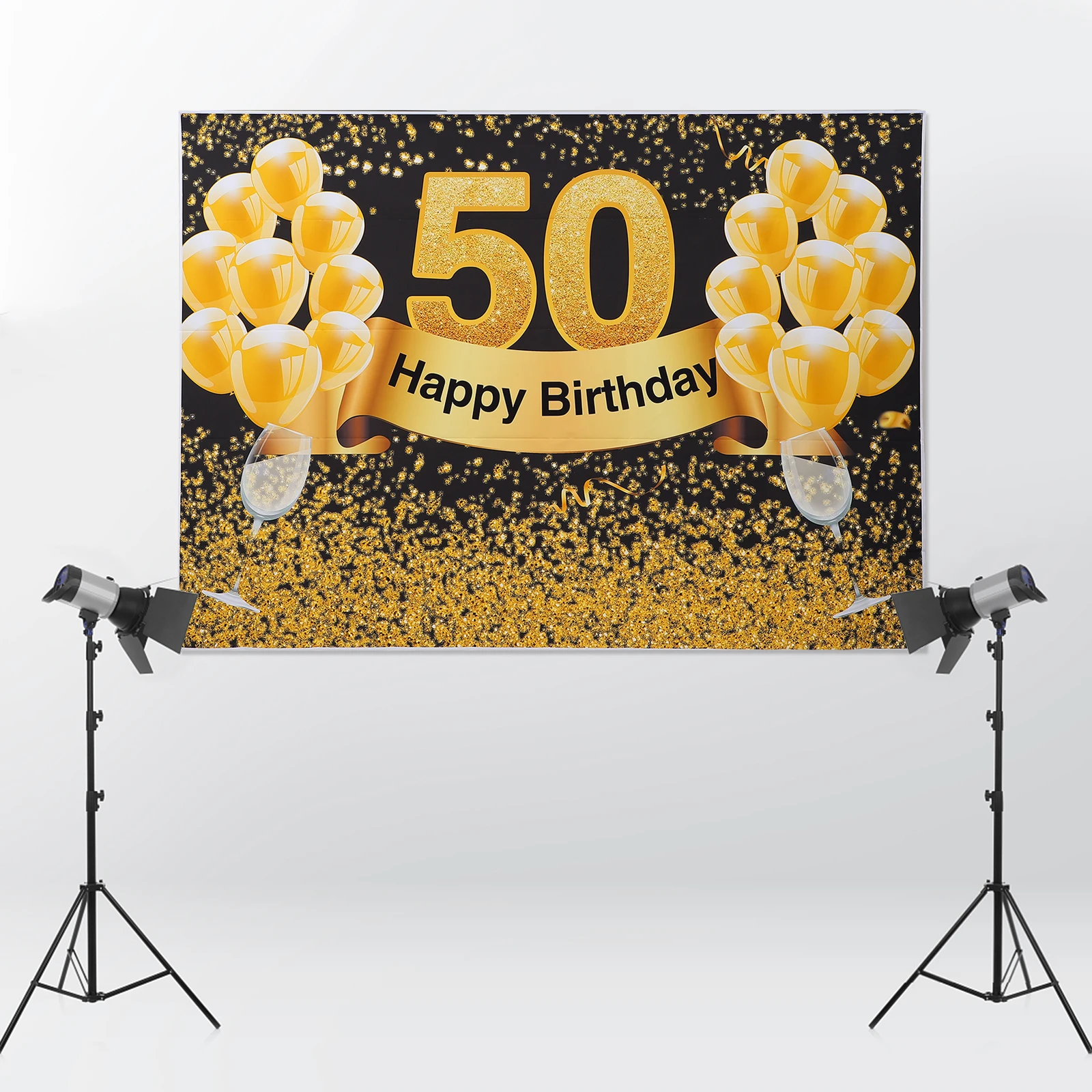 

50 Years Old Birthday Backdrop 210X150CM Black Gold Photo Background Cloth Party Supplies Banner Poster Decorations Lightweight