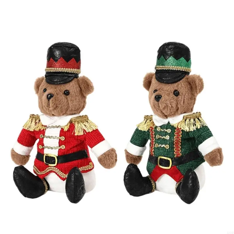 Christmas Plush Bear with Nutcrackers Design Seated Decoration, 11.8Inch Stuffed Animal Holiday Figure Doll for Shelf and