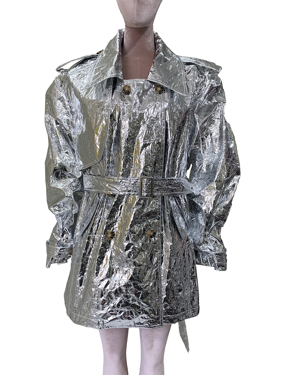 Spring Autumn Cool Oversized Shiny Silver Trench Coat for Women Belt Long Sleeve Loose Luxury Designer Clothes Y2K Streetwear