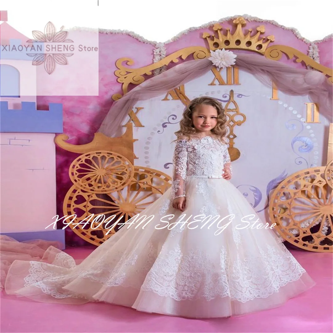 Flower Girls Dresses Long Sleeves Lace Appliqued First Communion Dress Custom Made Sweep Train Ruched Tulle Kids Formal Wear