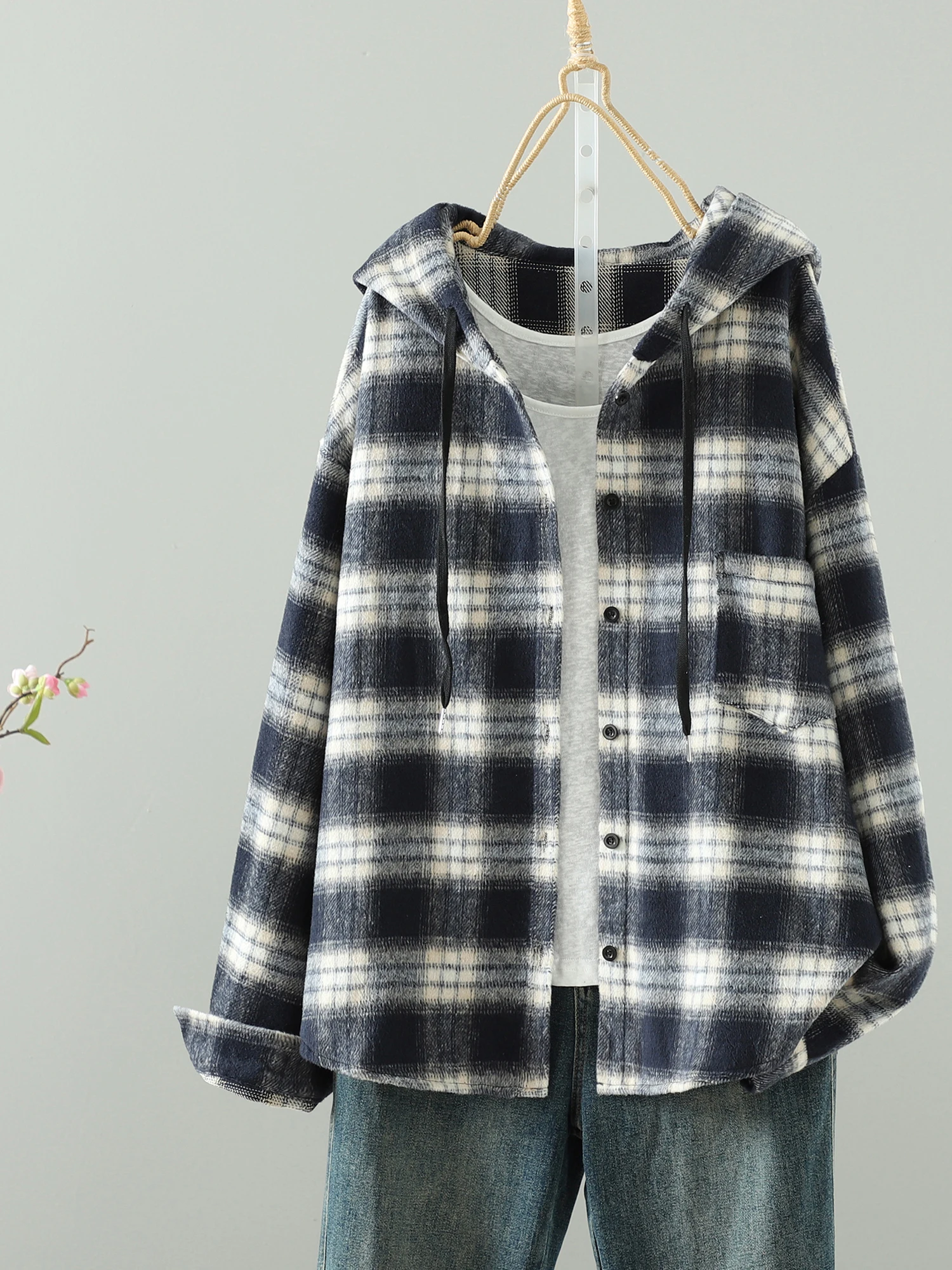 

Loose Men's Woolen irt Coat Casual Mid-Length Plaid Outerwear Comfortable Lazy Sle Autumn Winter Faion Ladies' Coat