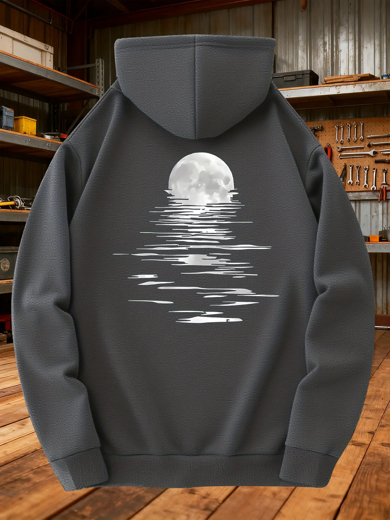 2026 Autumn/Winter Men's Moon Reflection Print Trendy Street Style Loose Long-Sleeved Hooded Sweatshirt