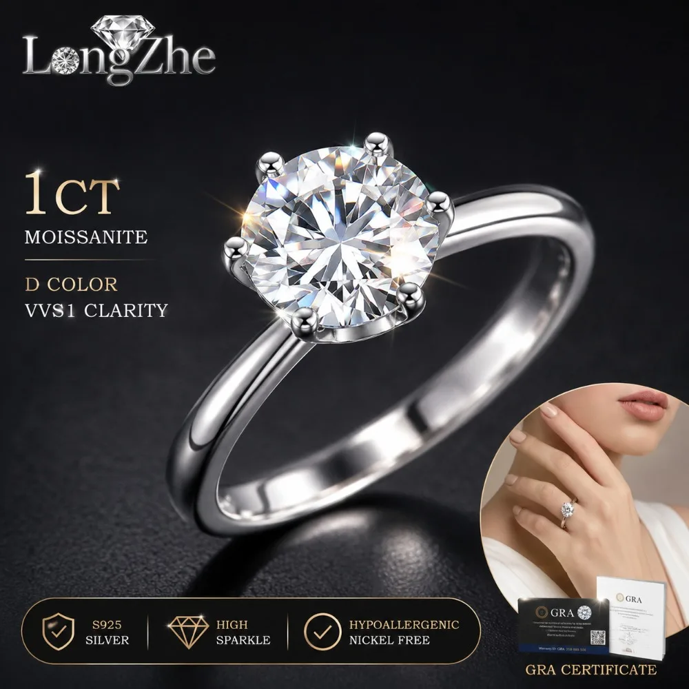 S925 Silver Moissanite Ring 0.5CT-10CT Round Cut 6 Prong Solitaire Ring For Women Wedding Engagement Fine Jewelry Gift