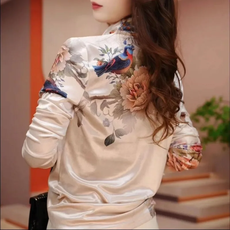 Women\'s Autumn and Winter New Fashion and Elegant Half High Neck Pullover Print Mesh Long Sleeve Slim Fit Commuter Bottom Tops