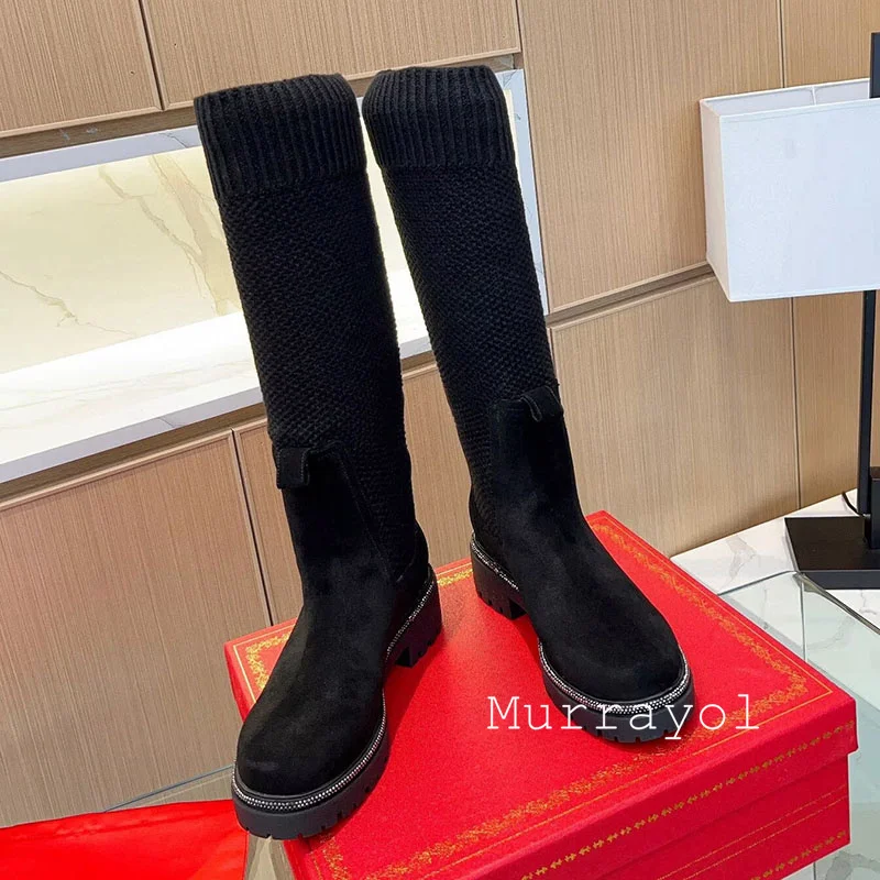 Knee High Boots Autumn Winter Suede Flat Thick Sole Sock Boots Women Round Toe String Bead Knitted Elasticity Long Booties view 2
